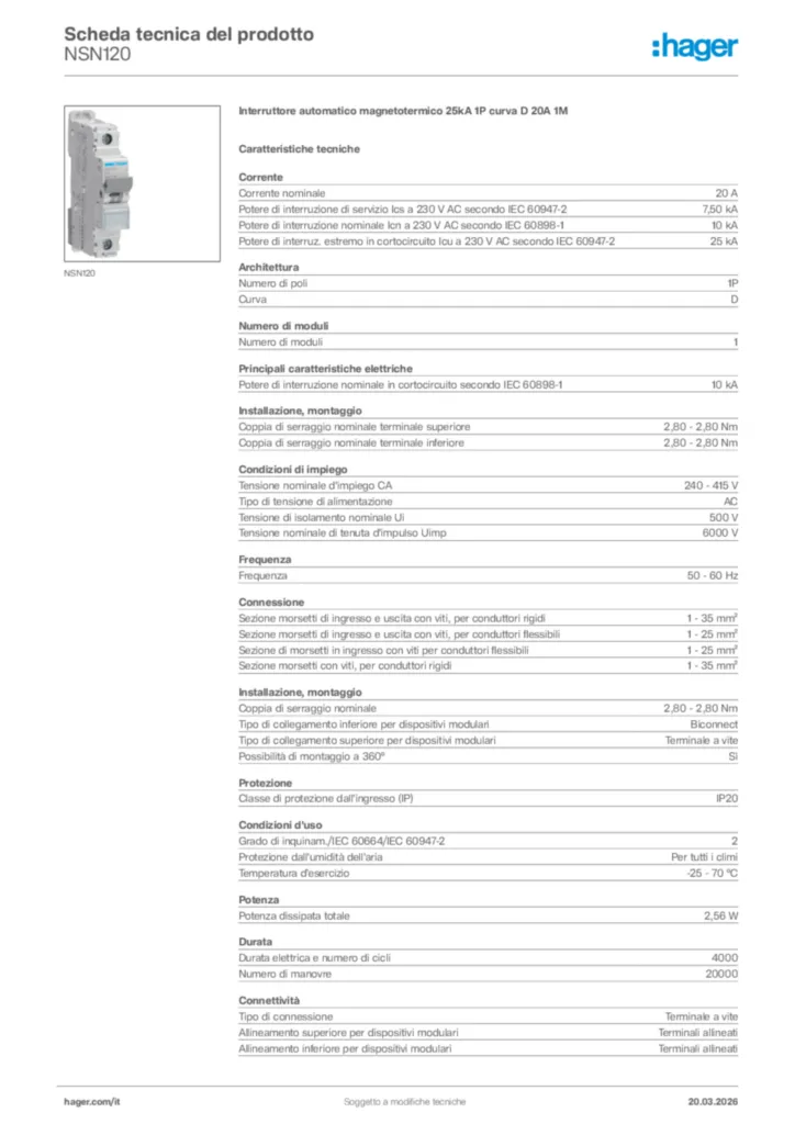 Immagine Hager Scheda tecnica del prodotto NSN120 | Hager Italia