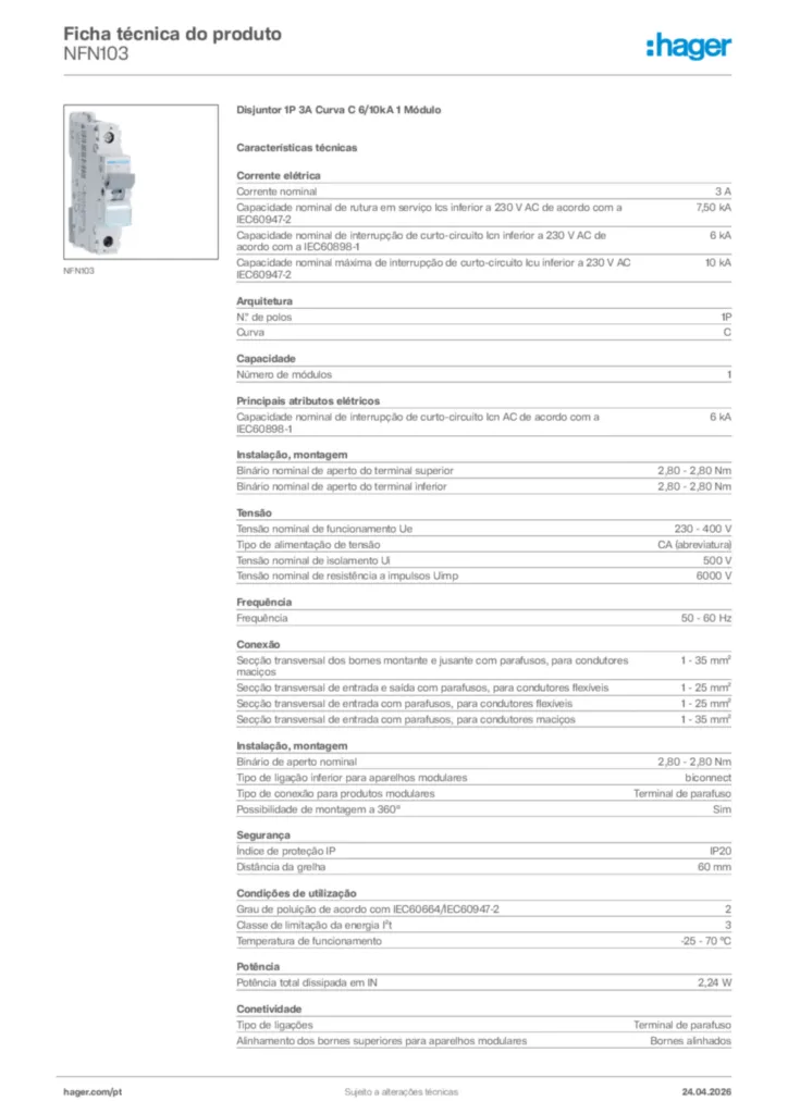 Imagem Hager Ficha técnica do produto NFN103 | Hager Portugal