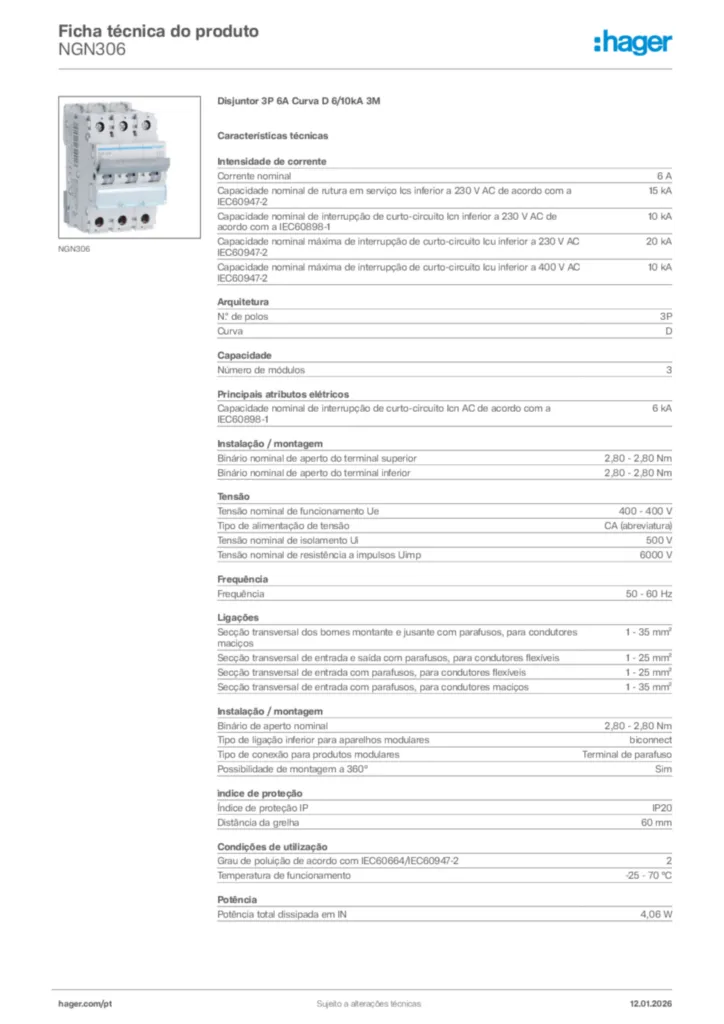 Imagem Hager Ficha técnica do produto NGN306 | Hager Portugal
