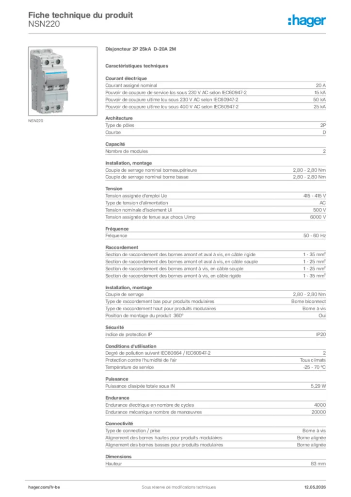 Image Hager Fiche technique du produit NSN220 | Hager Belgique