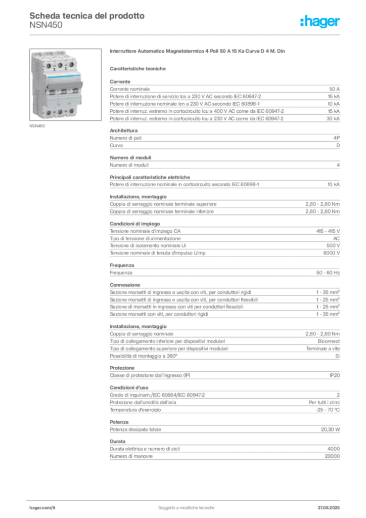 Immagine Hager Scheda tecnica del prodotto NSN450 | Hager Italia