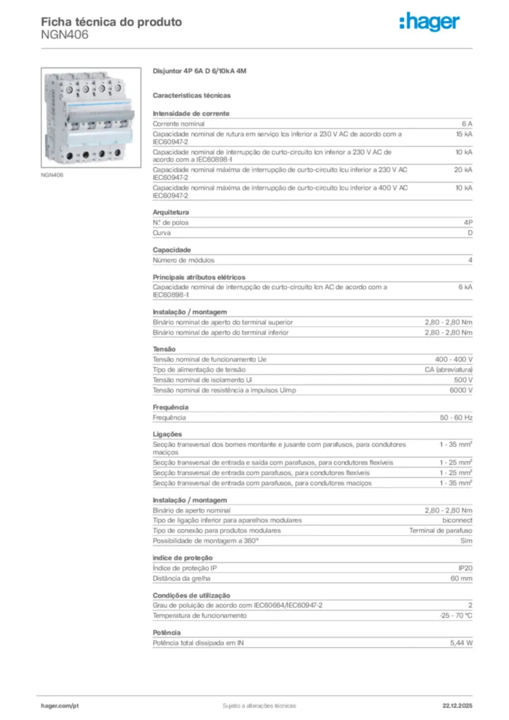 Imagem Hager Ficha técnica do produto NGN406 | Hager Portugal