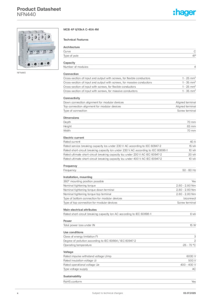 Image Hager Product data sheet NFN440  | Hager Africa
