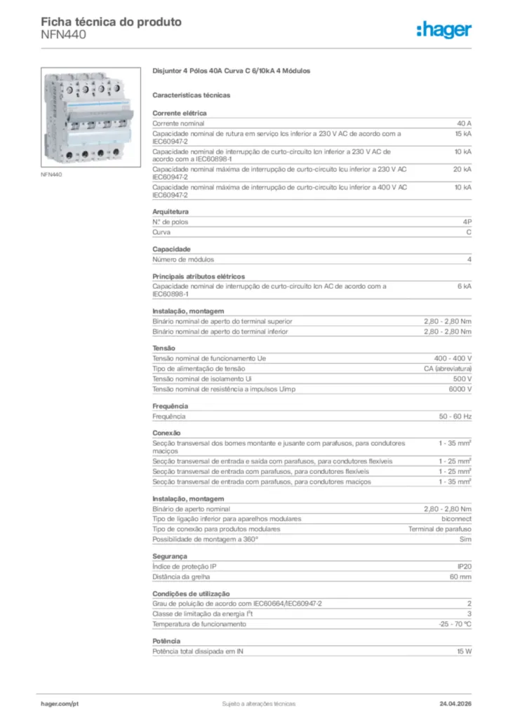 Imagem Hager Ficha técnica do produto NFN440 | Hager Portugal