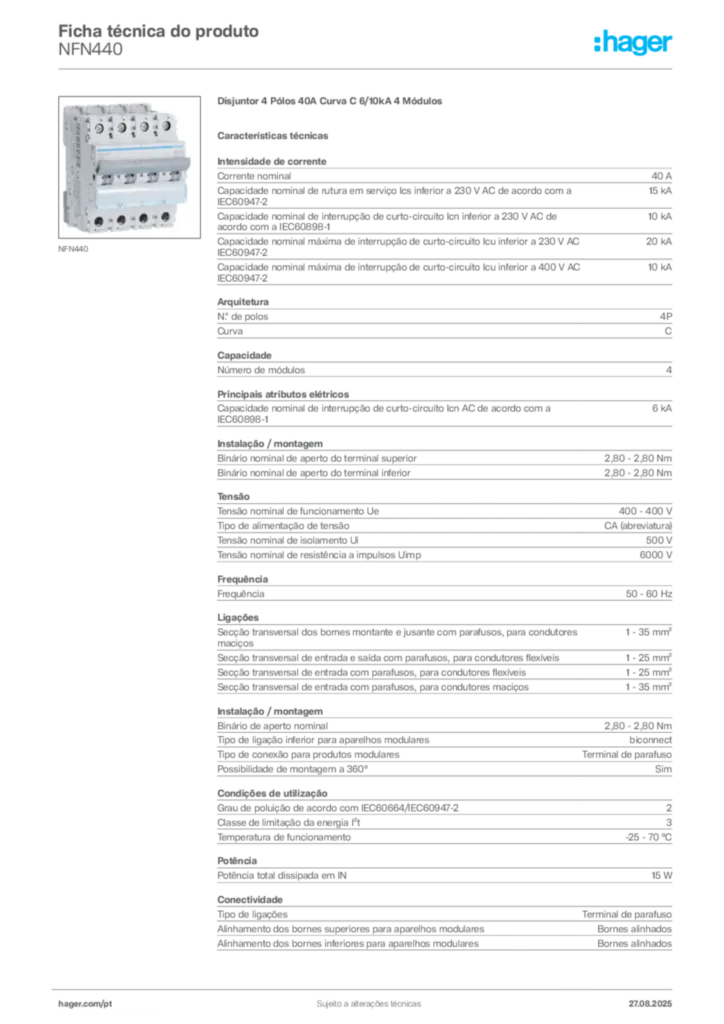 Imagem Hager Ficha técnica do produto NFN440 | Hager Portugal