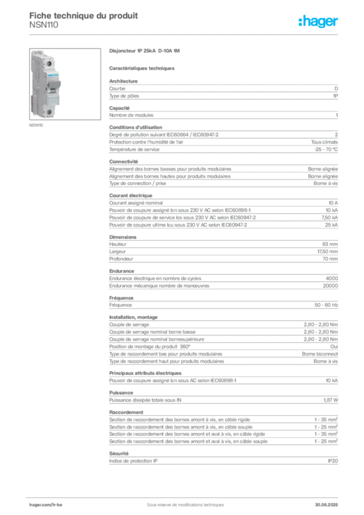 Image Hager Fiche technique du produit NSN110 | Hager Belgique