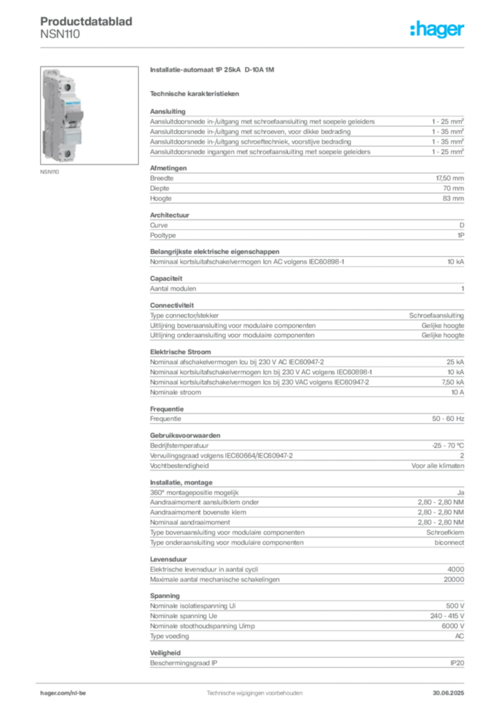Afbeelding Hager Productdatablad NSN110 | Hager Belgium