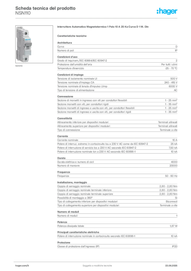 Immagine Hager Scheda tecnica del prodotto NSN110 | Hager Italia