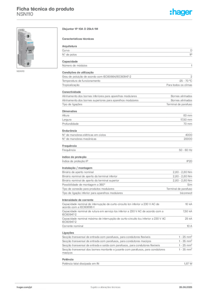 Imagem Hager Ficha técnica do produto NSN110 | Hager Portugal