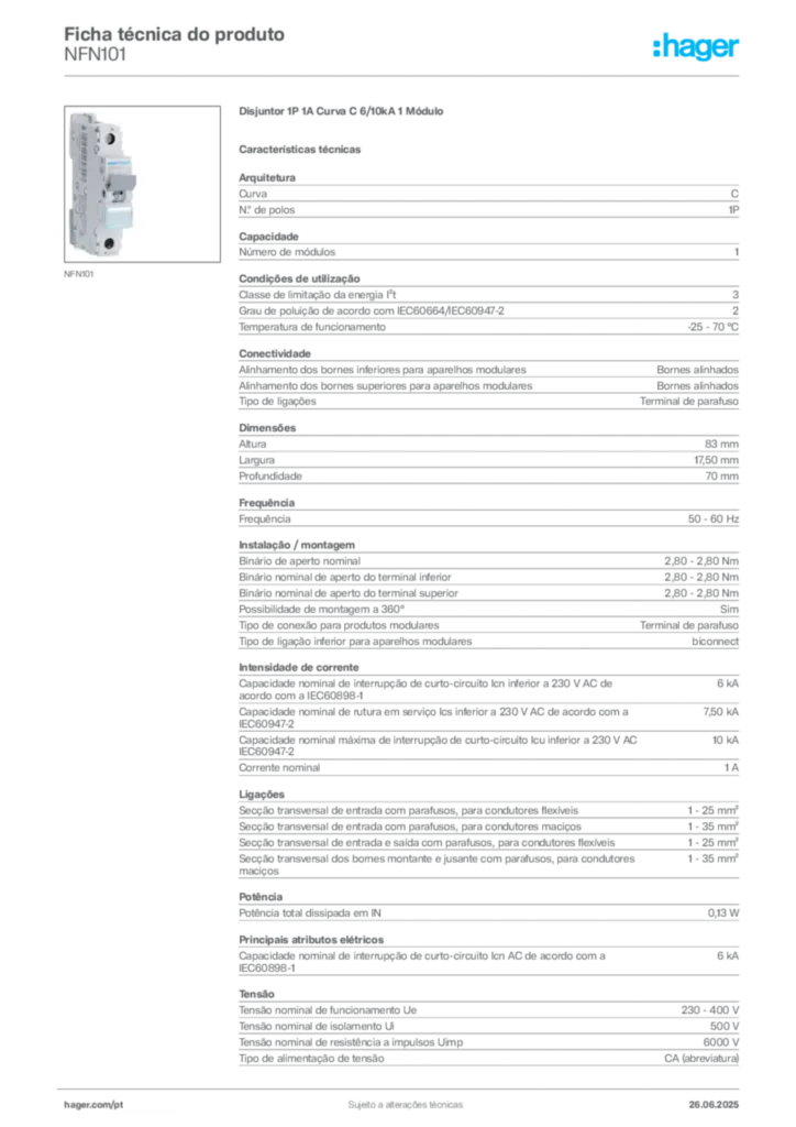 Imagem Hager Ficha técnica do produto NFN101 | Hager Portugal