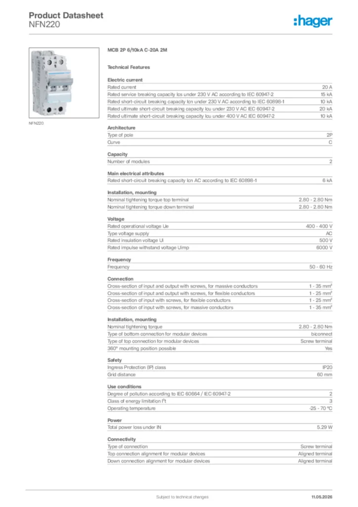Image Hager Product data sheet NFN220  | Hager Africa