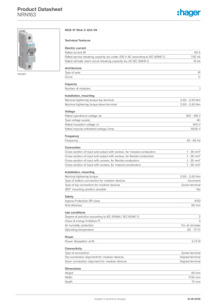 Image Hager Product data sheet NRN163  | Hager Africa