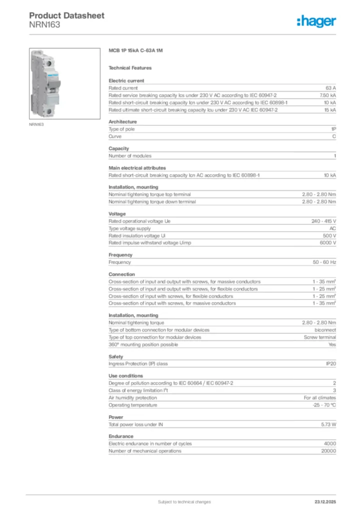 Image Hager Product data sheet NRN163  | Hager Africa
