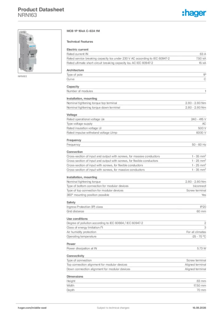 Image Hager Product data sheet NRN163  | Hager