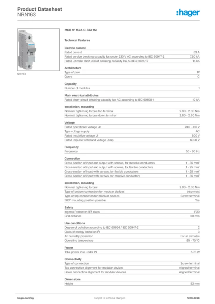 Image Hager Product data sheet NRN163  | Hager
