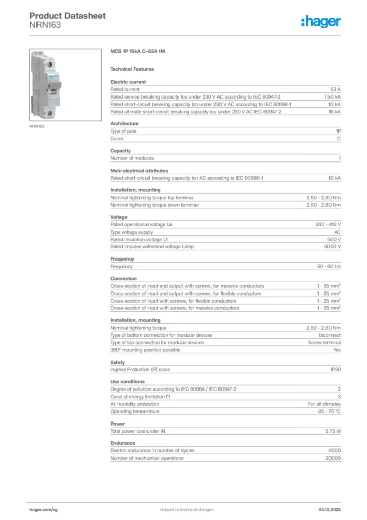 Image Hager Product data sheet NRN163  | Hager