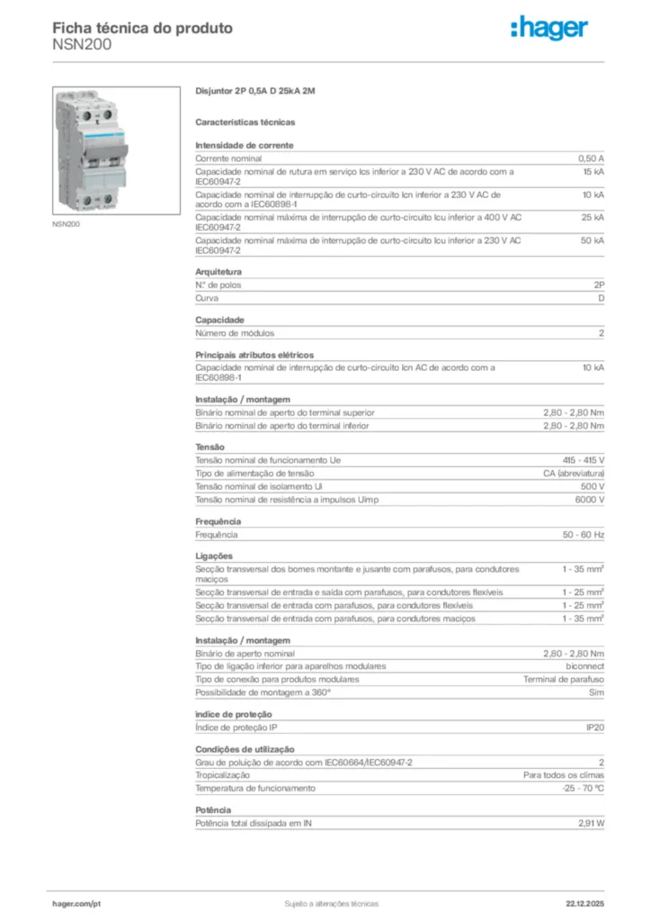 Imagem Hager Ficha técnica do produto NSN200 | Hager Portugal