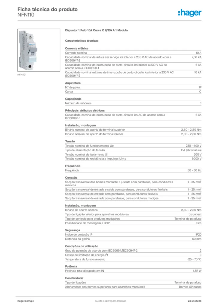 Imagem Hager Ficha técnica do produto NFN110 | Hager Portugal