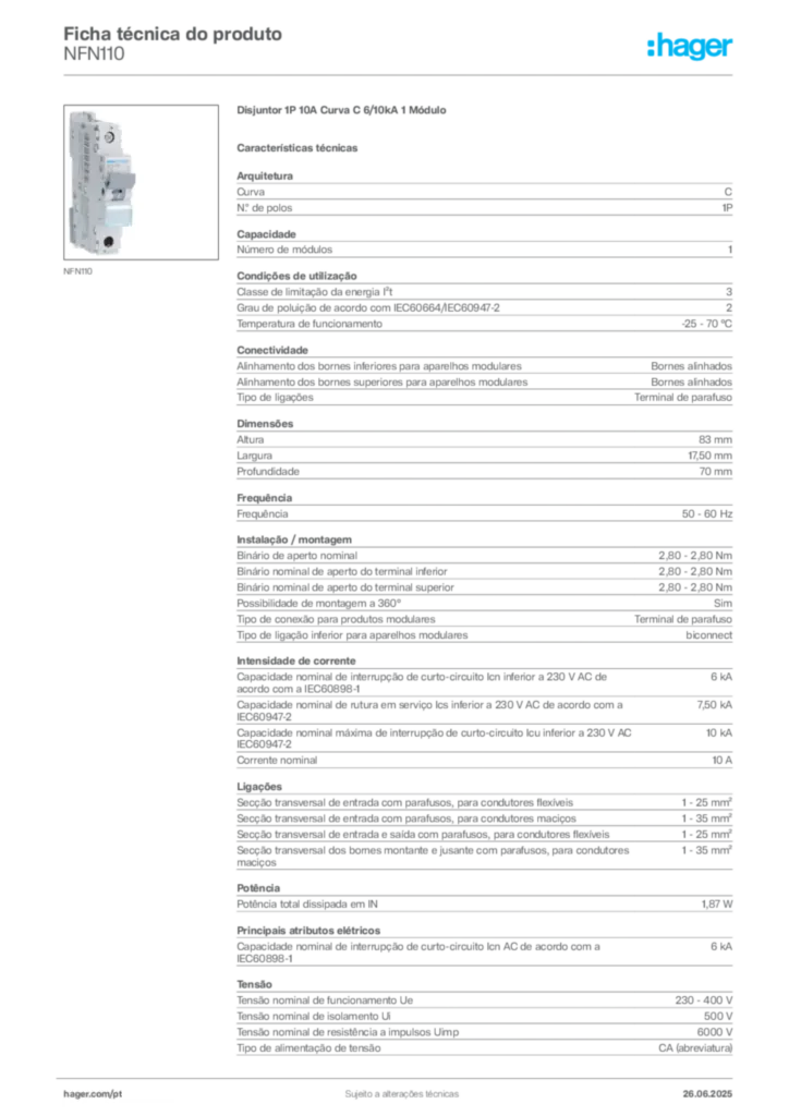 Imagem Hager Ficha técnica do produto NFN110 | Hager Portugal