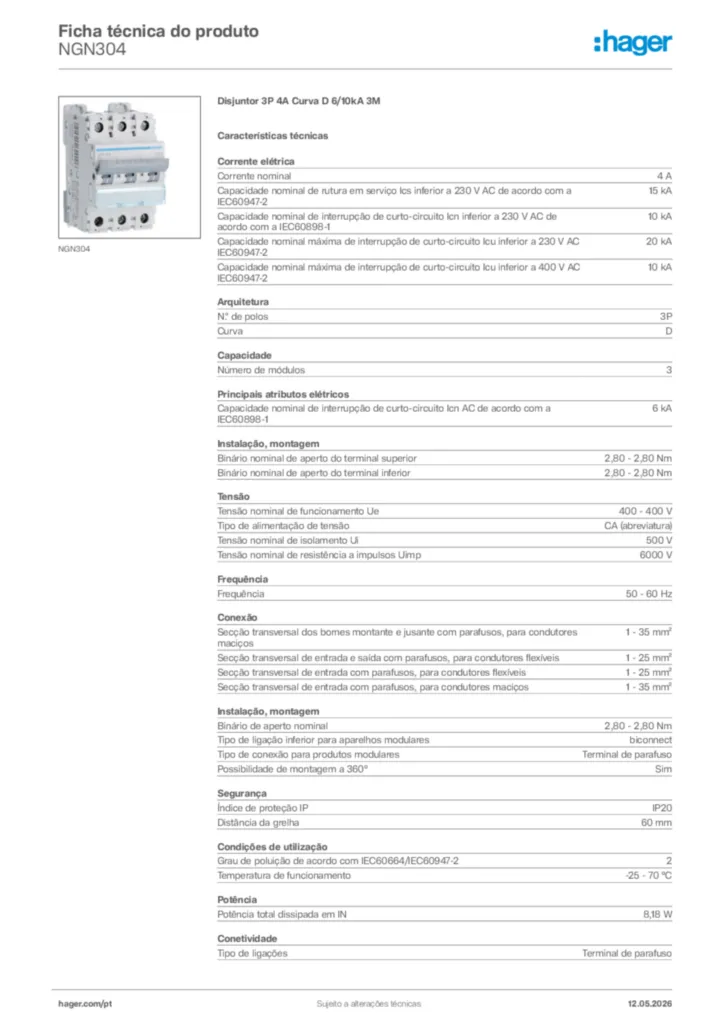 Imagem Hager Ficha técnica do produto NGN304 | Hager Portugal