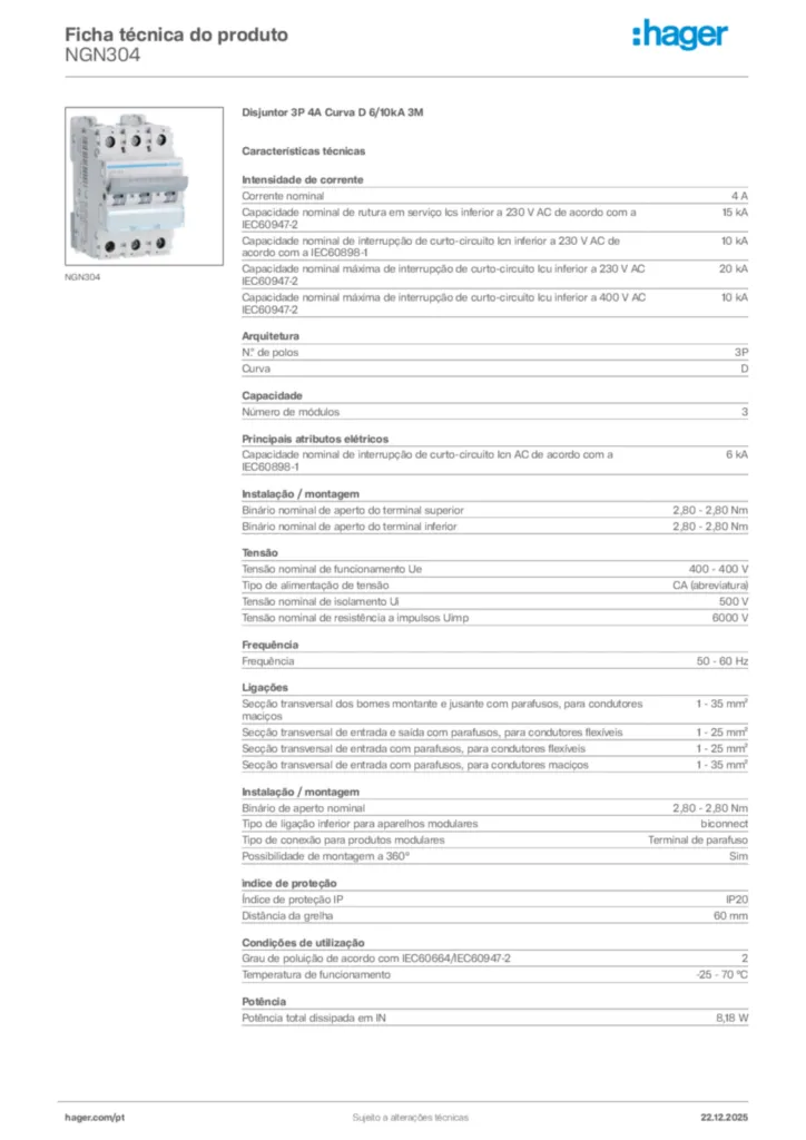 Imagem Hager Ficha técnica do produto NGN304 | Hager Portugal