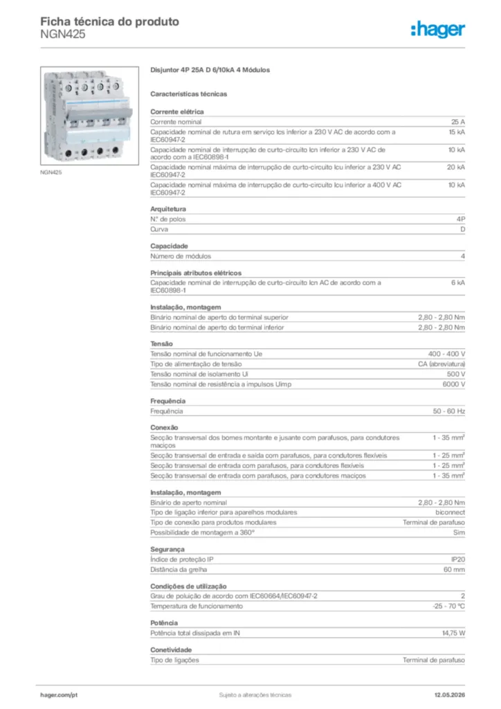 Imagem Hager Ficha técnica do produto NGN425 | Hager Portugal