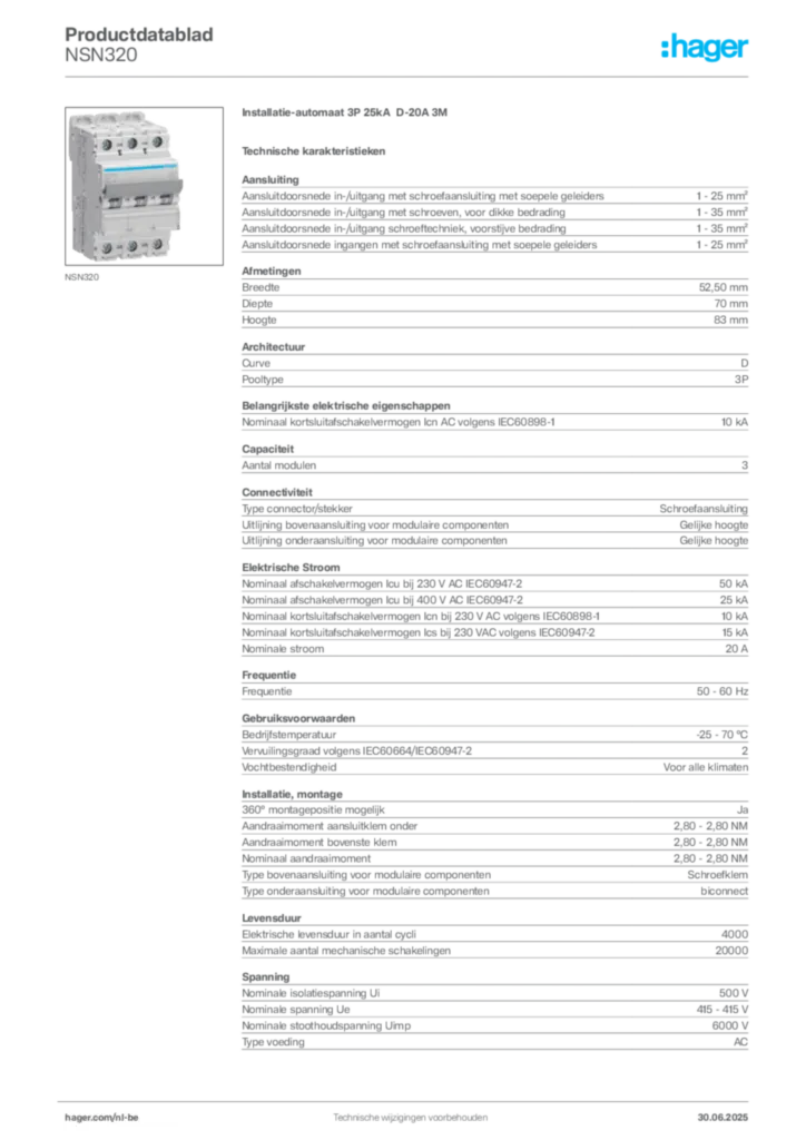 Afbeelding Hager Productdatablad NSN320 | Hager Belgium