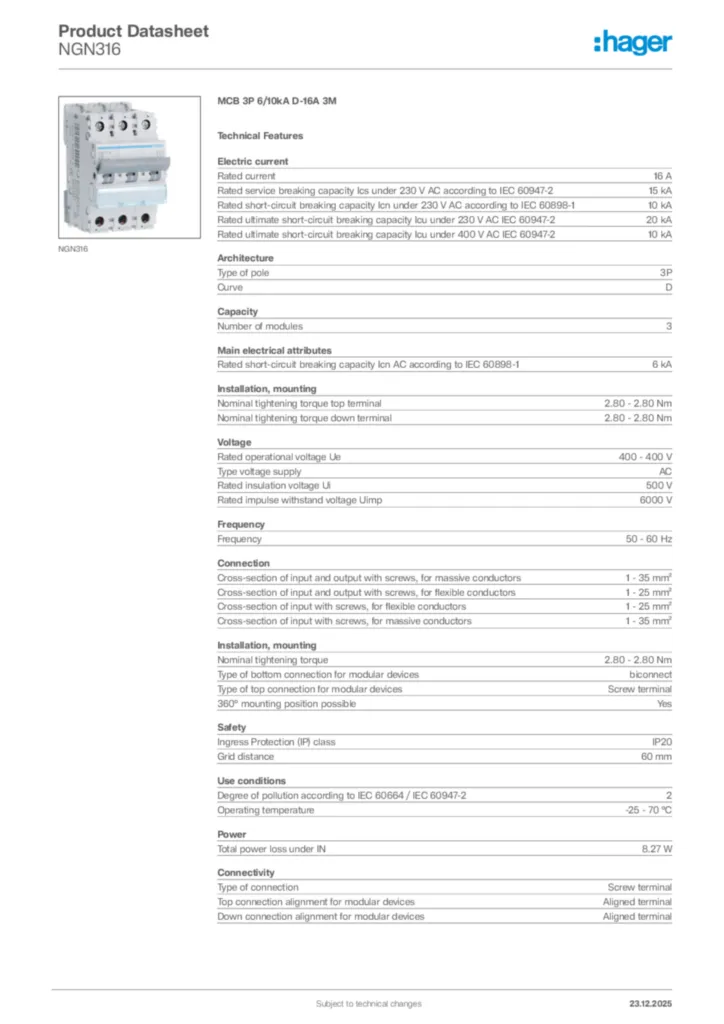 Image Hager Product data sheet NGN316  | Hager Africa