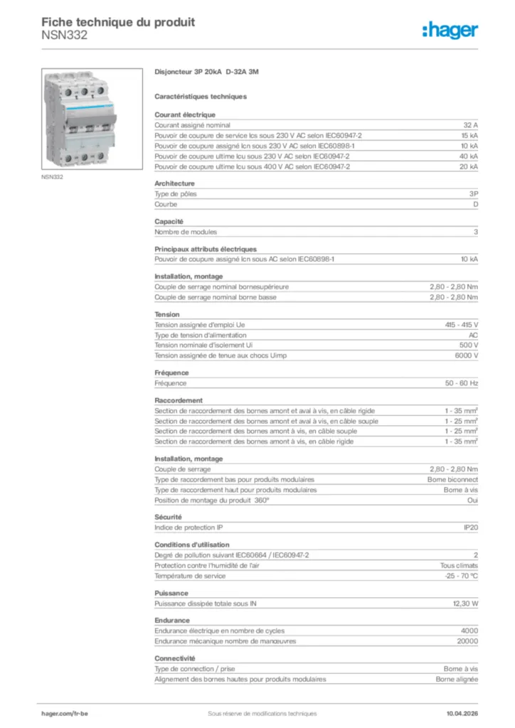 Image Hager Fiche technique du produit NSN332 | Hager Belgique