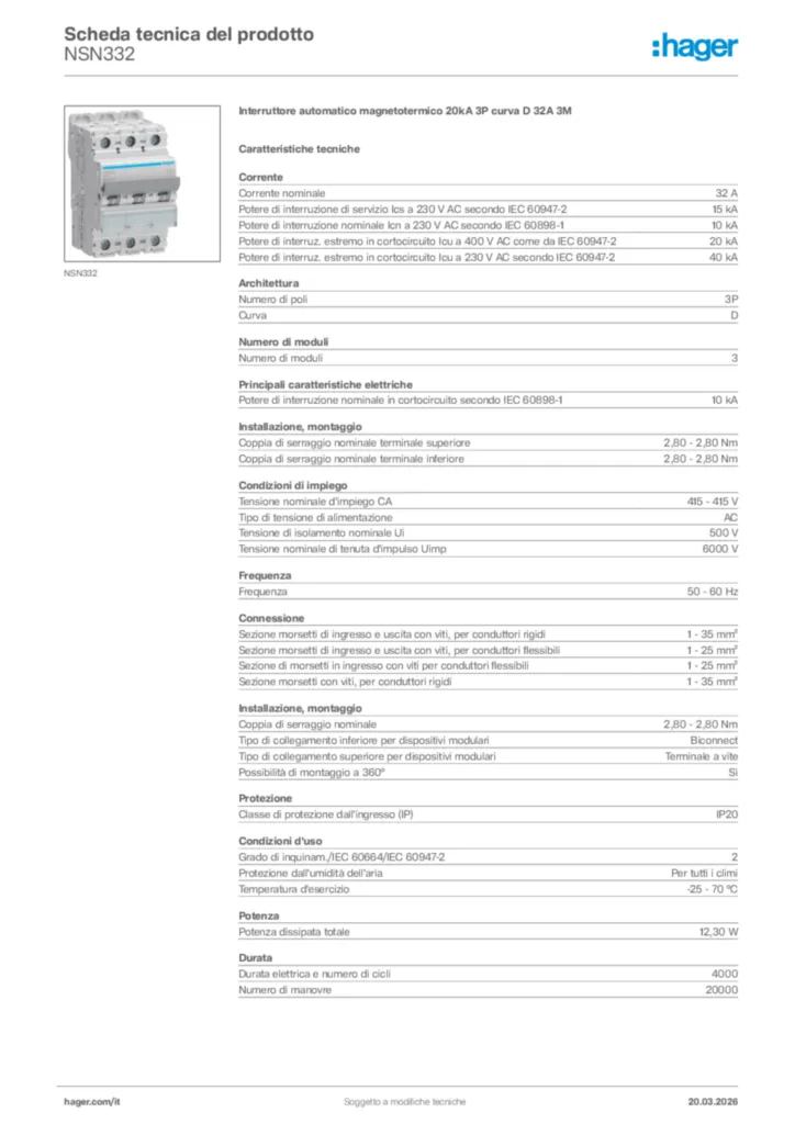 Immagine Hager Scheda tecnica del prodotto NSN332 | Hager Italia