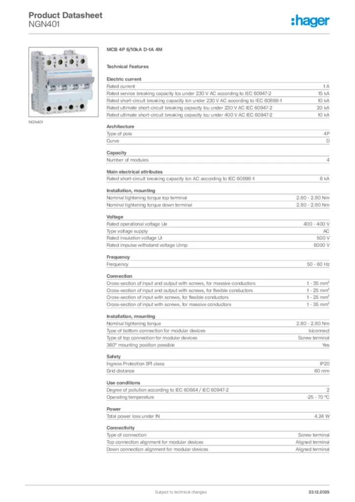 Image Hager Product data sheet NGN401  | Hager Africa
