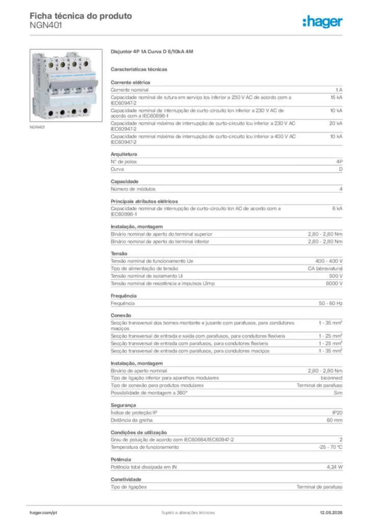 Imagem Hager Ficha técnica do produto NGN401 | Hager Portugal