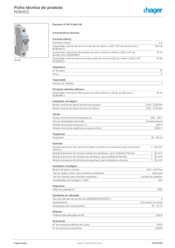 Imagem Hager Ficha técnica do produto NSN102 | Hager Portugal