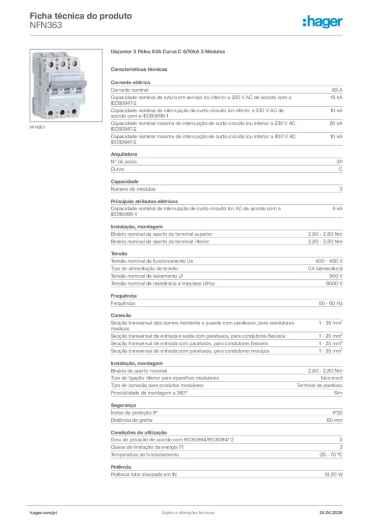 Imagem Hager Ficha técnica do produto NFN363 | Hager Portugal