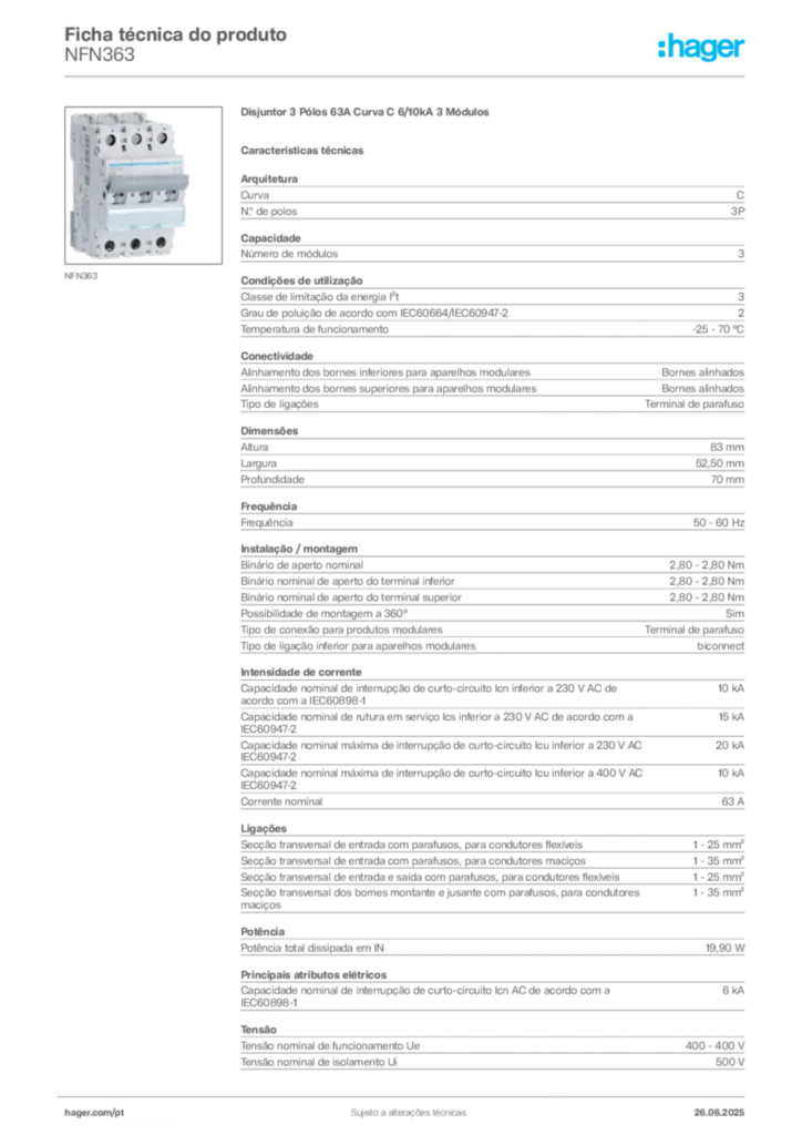 Imagem Hager Ficha técnica do produto NFN363 | Hager Portugal