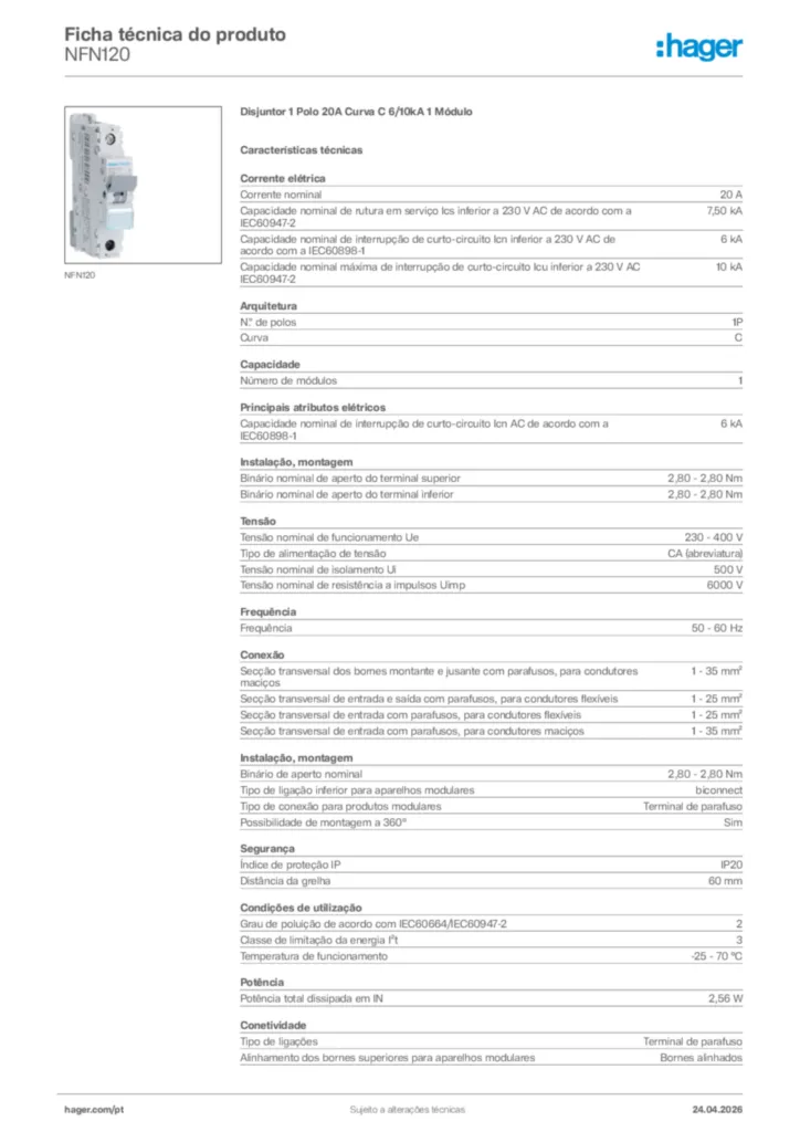 Imagem Hager Ficha técnica do produto NFN120 | Hager Portugal