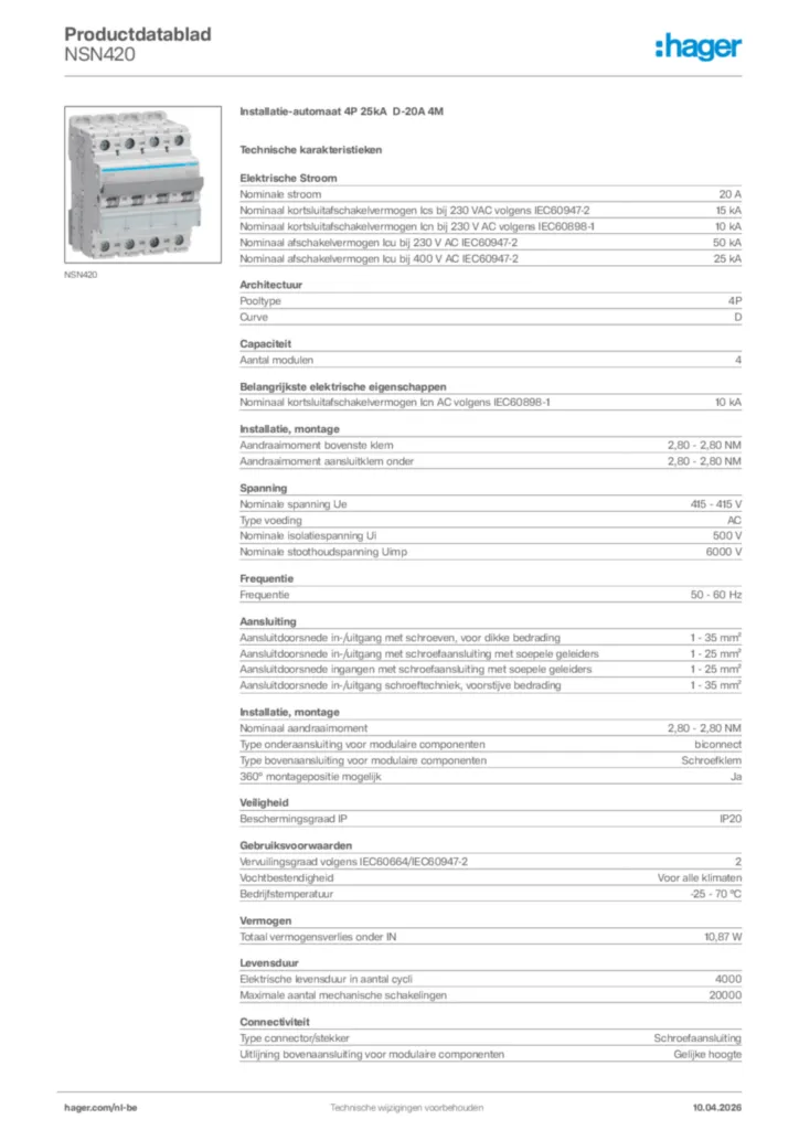 Afbeelding Hager Productdatablad NSN420 | Hager Belgium
