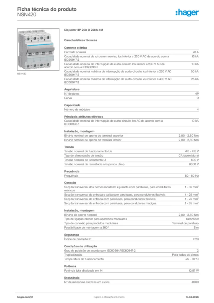 Imagem Hager Ficha técnica do produto NSN420 | Hager Portugal