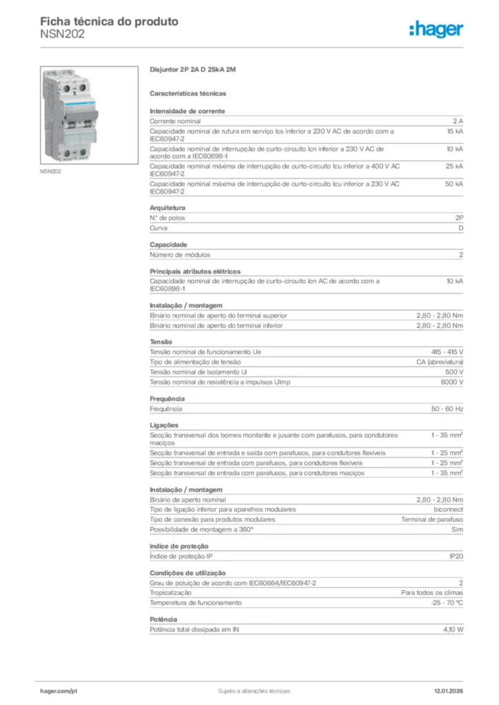 Imagem Hager Ficha técnica do produto NSN202 | Hager Portugal