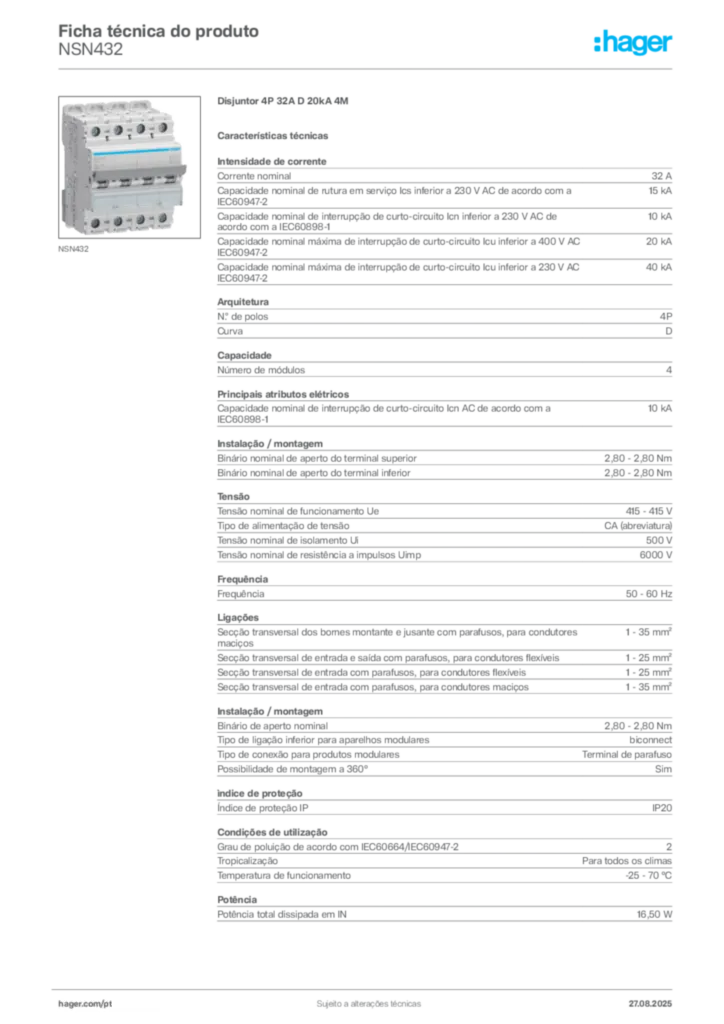 Imagem Hager Ficha técnica do produto NSN432 | Hager Portugal