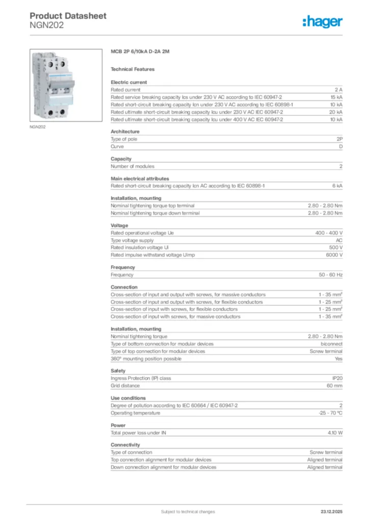 Image Hager Product data sheet NGN202  | Hager Africa