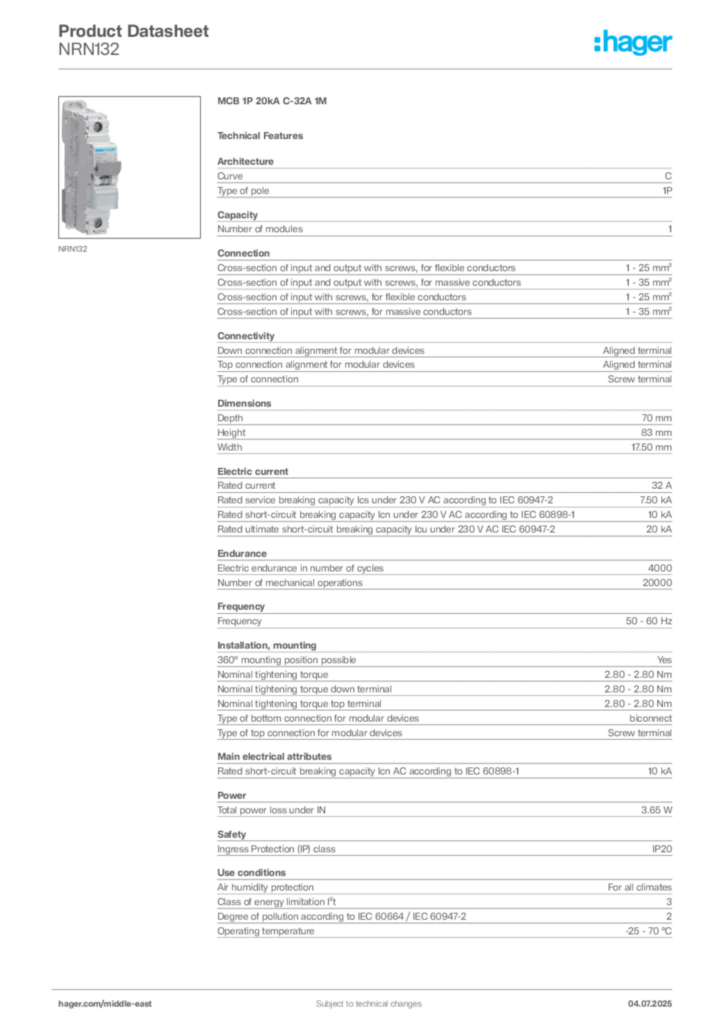 Image Hager Product data sheet NRN132  | Hager