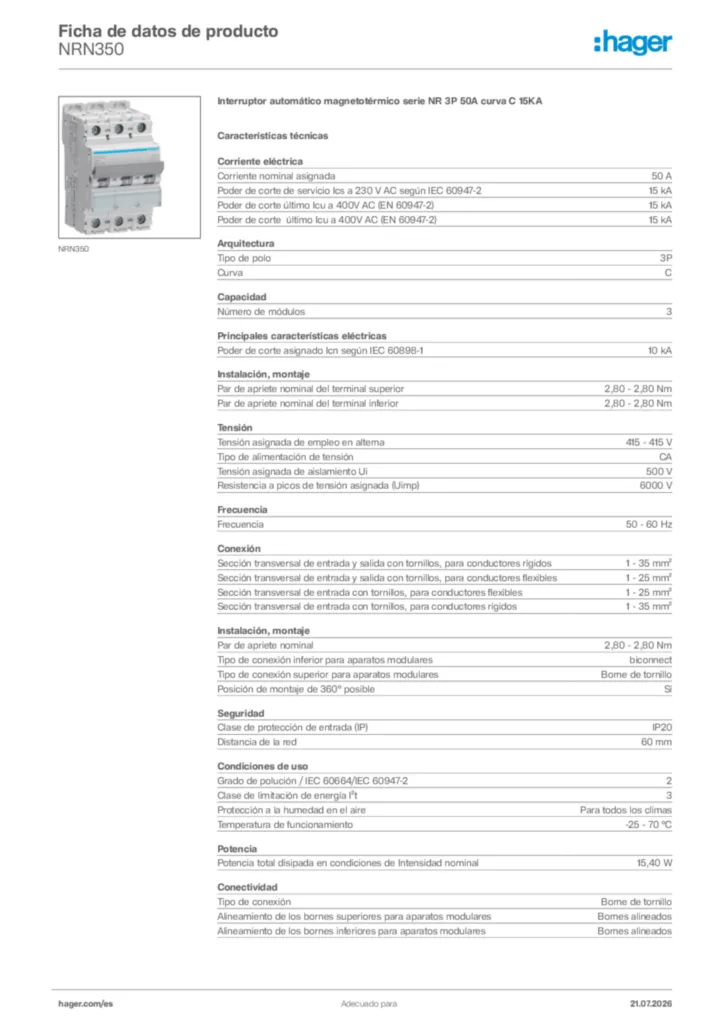 Imagen Hager Ficha de datos de producto NRN350 | Hager España