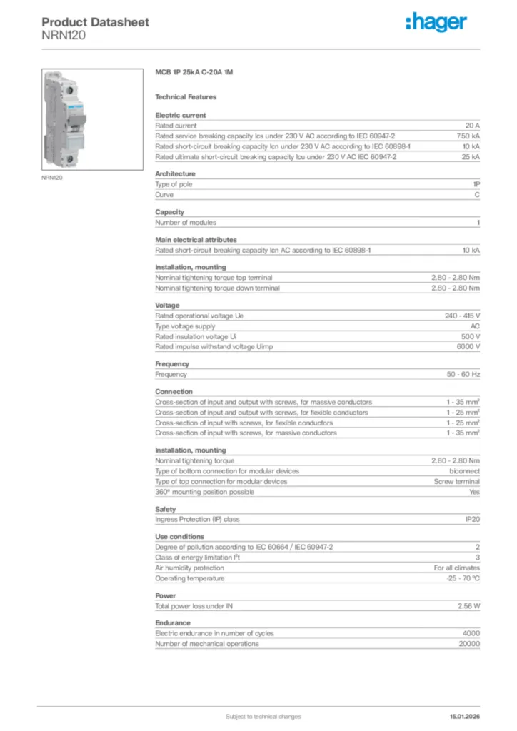 Image Hager Product data sheet NRN120  | Hager Africa