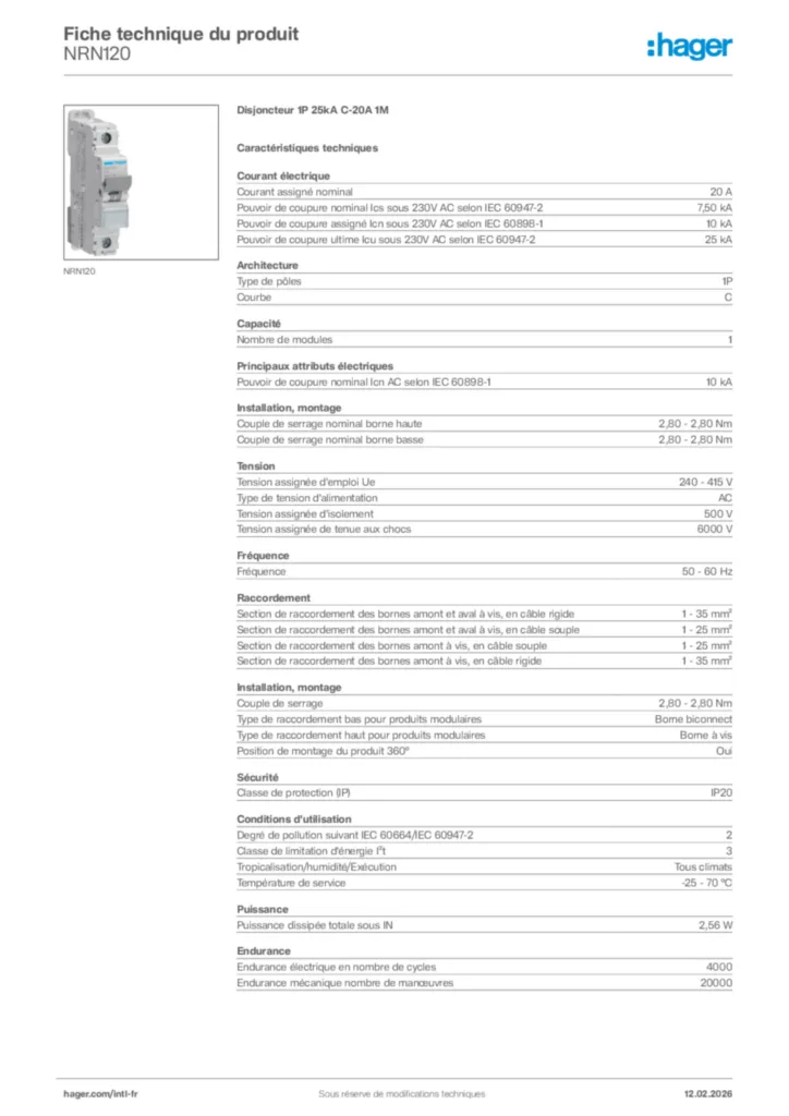 Image Hager Fiche technique du produit NRN120 | Hager Afrique