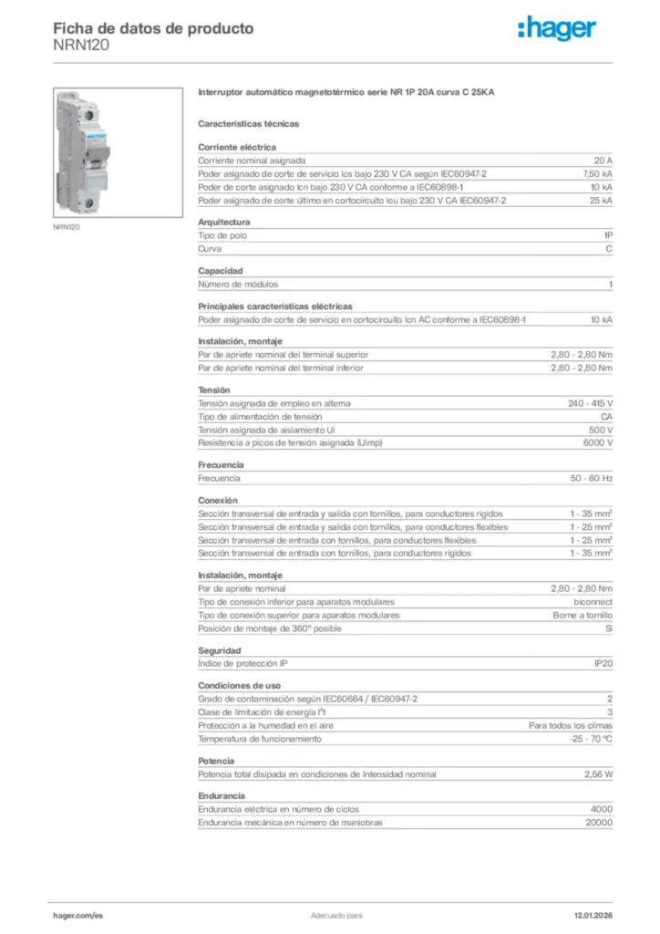 Imagen Hager Ficha de datos de producto NRN120 | Hager España