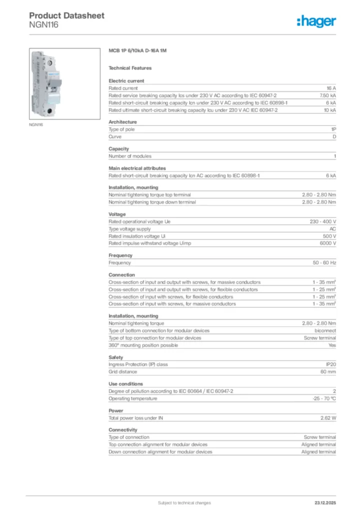 Image Hager Product data sheet NGN116  | Hager Africa