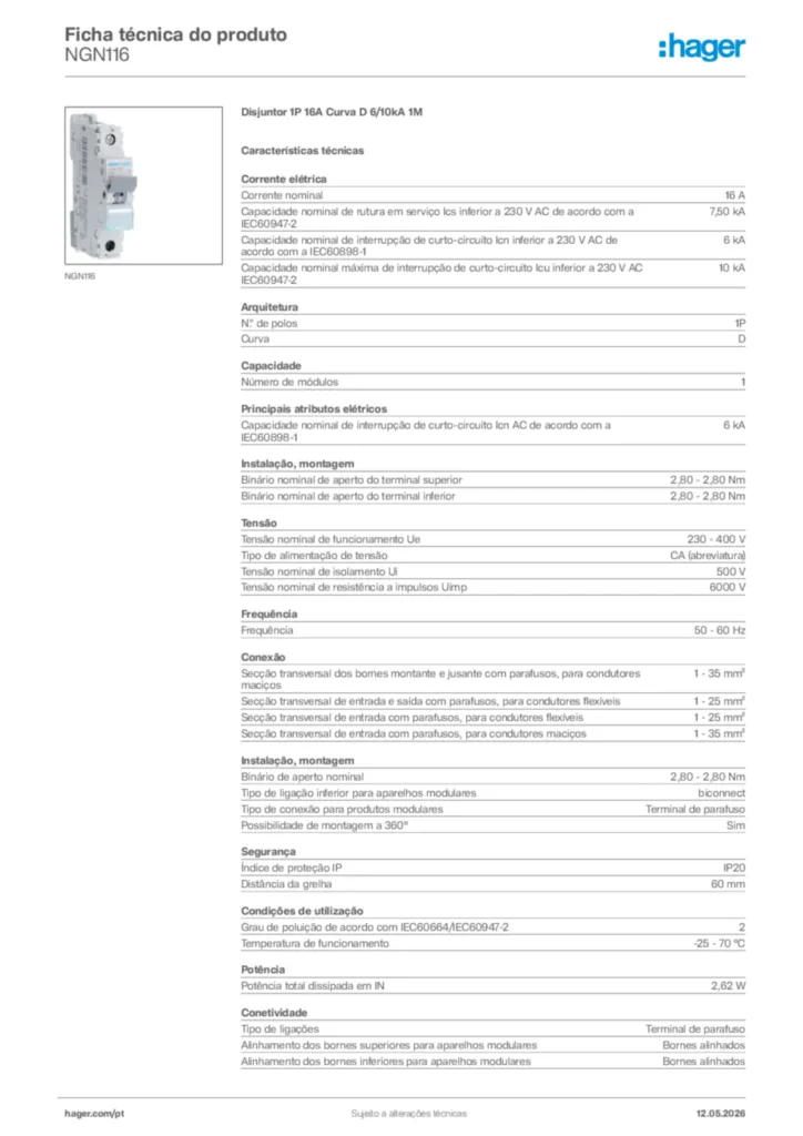 Imagem Hager Ficha técnica do produto NGN116 | Hager Portugal