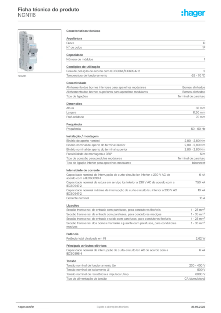 Imagem Hager Ficha técnica do produto NGN116 | Hager Portugal