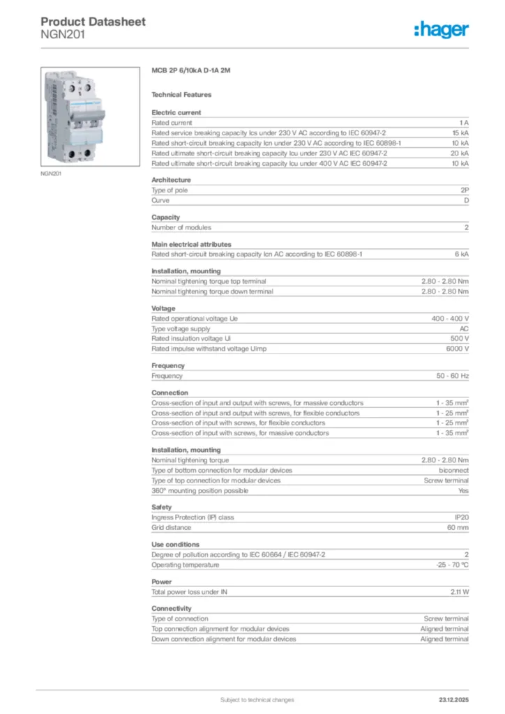 Image Hager Product data sheet NGN201  | Hager Africa